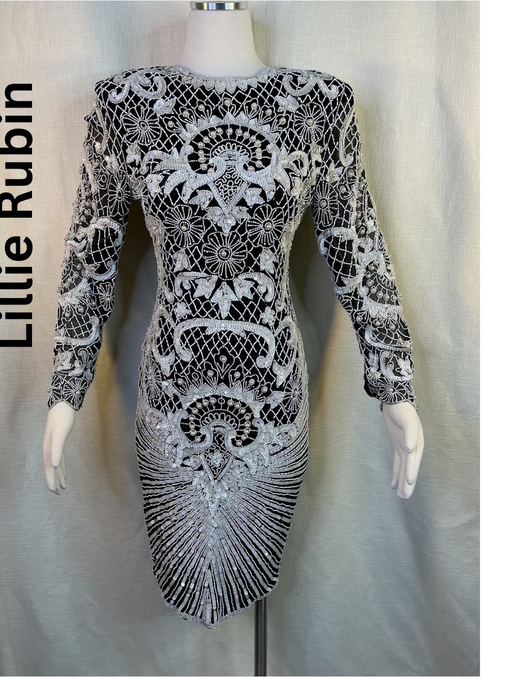 Lillie Rubin Vintage Black White Sequin Beaded Silk Cocktail Dress Size S